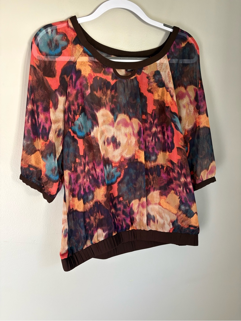 Fashion Bug Floral Sheer Blouse with Brown Trim Earthcore Boho  Autumnal Size S